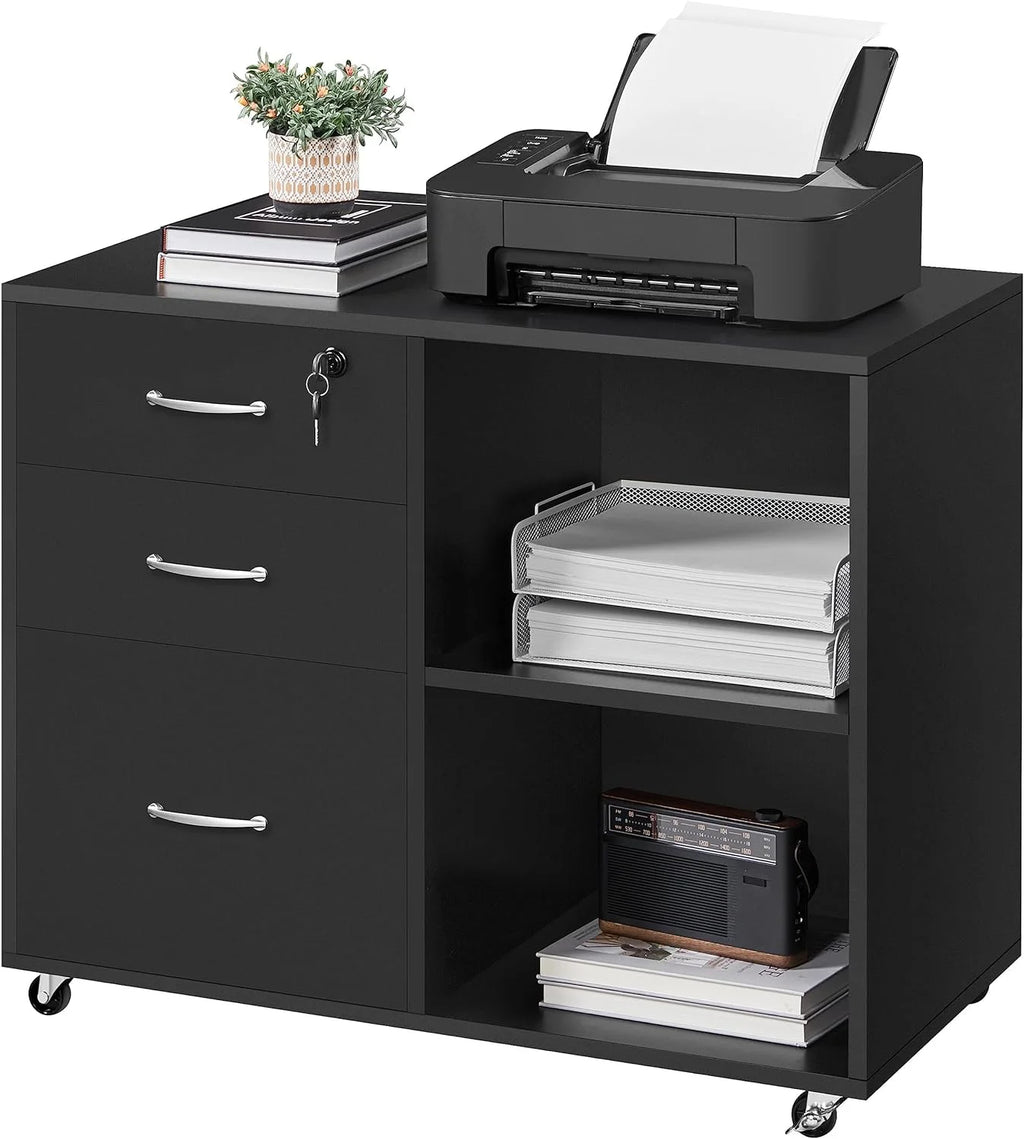 Black File Cabinet with Lock for Letter, A4 Size,3 Drawer Lateral Filing Cabinet Printer Stand with Open Storage Compartments,Mobile Filing Cabinet for Home Office, Black