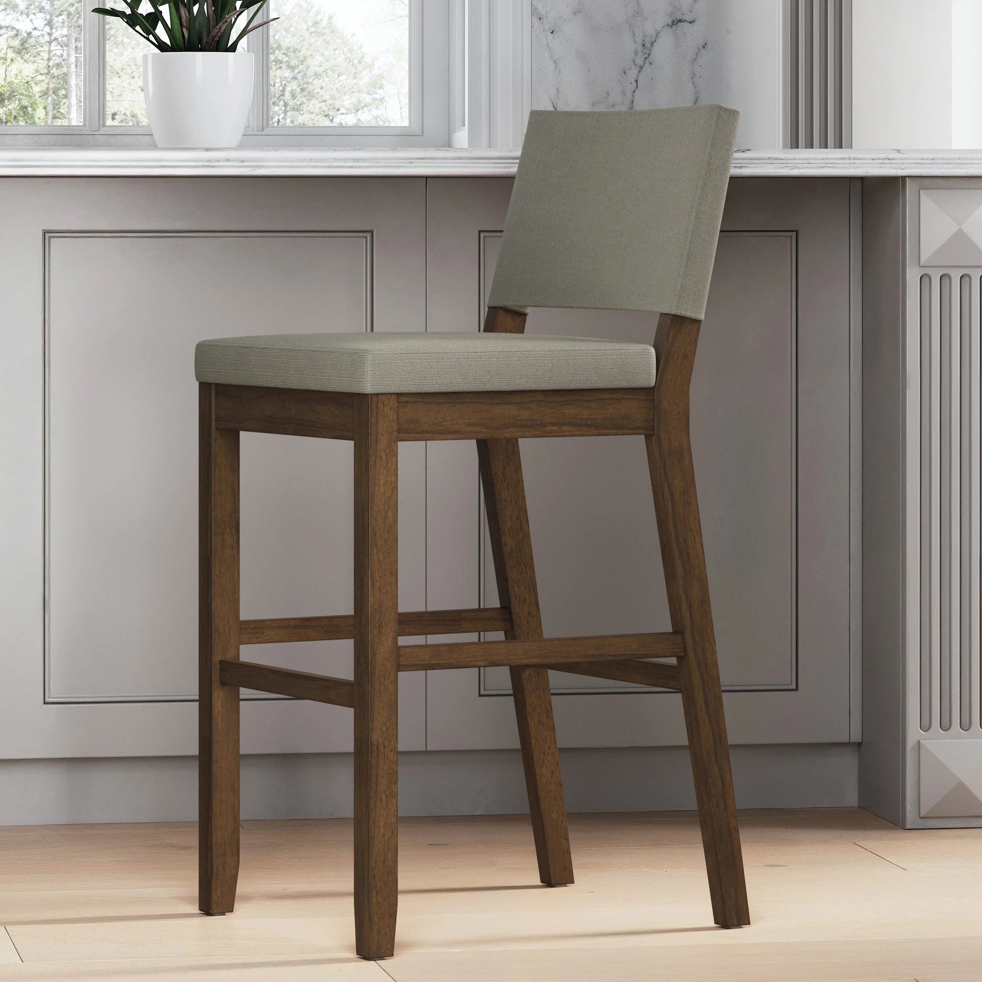 Nathan James Linus Modern Upholstered Bar Stool with Back and Solid Rubberwood Legs in a Wire-Brushed Finish, Light Gray/Dark Brown