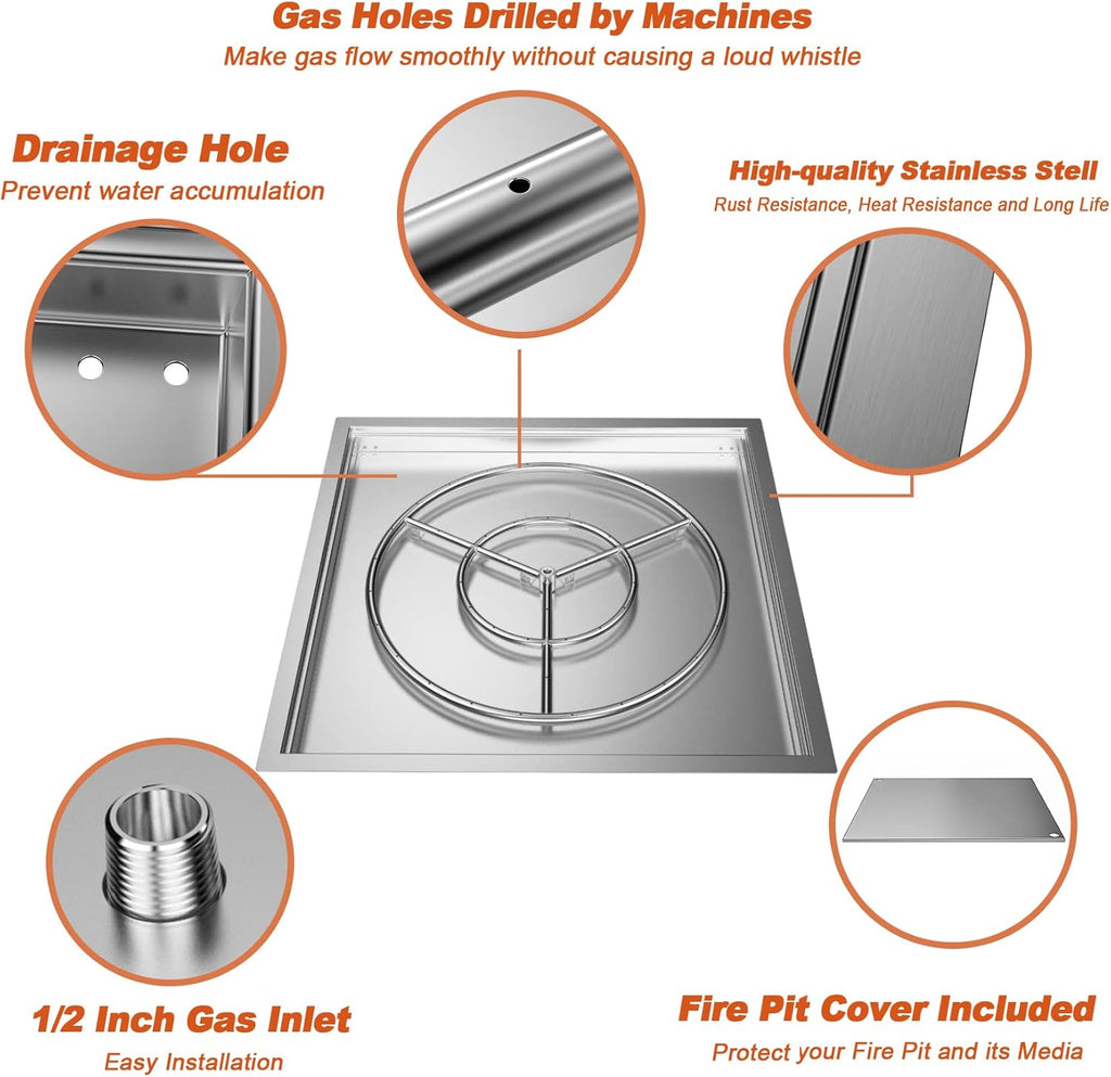 Skyflame 30" x 30" Square Drop-in Firepit System with Stainless Steel Burner Pan and Cover Z668