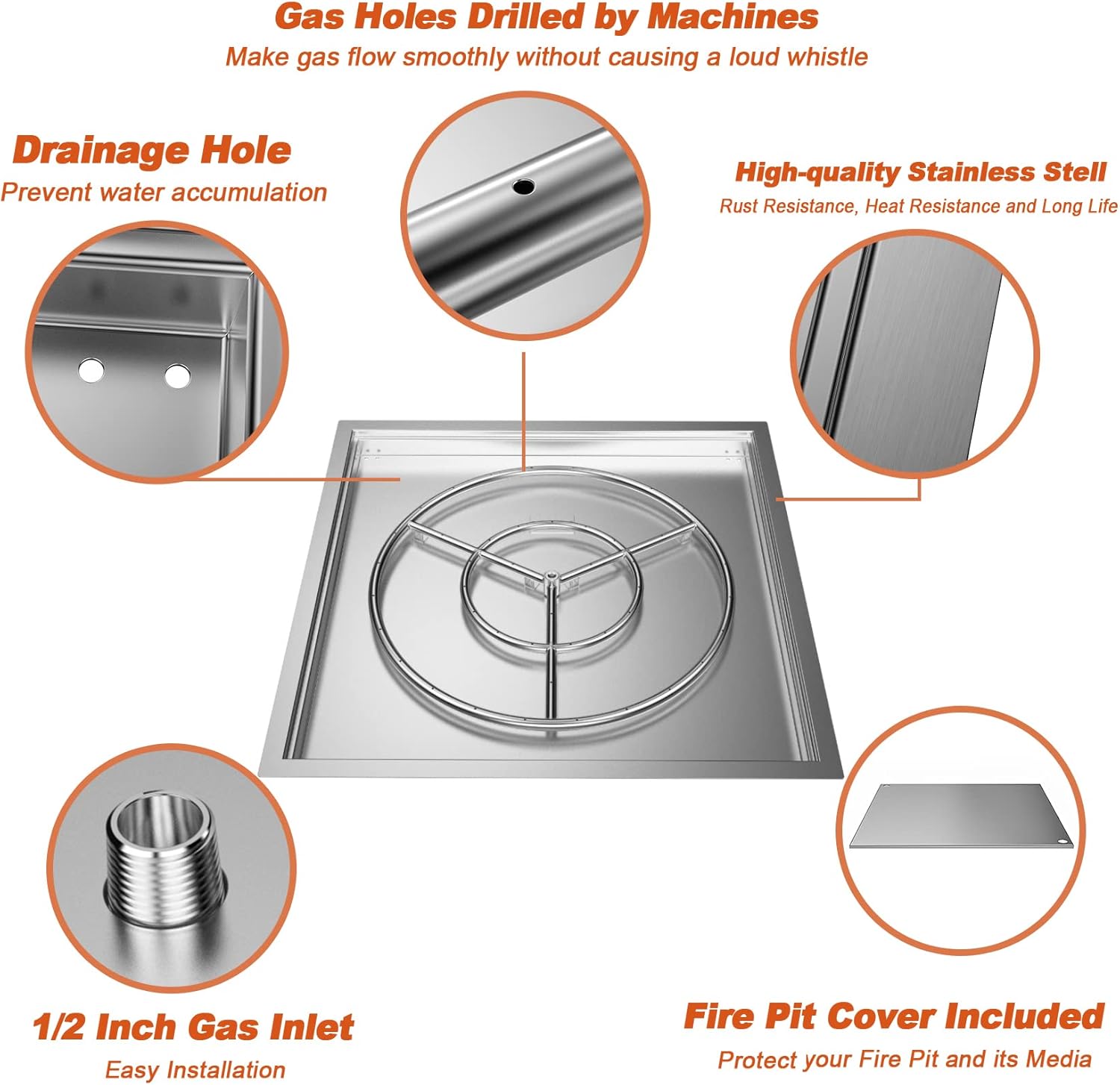 Skyflame 30" x 30" Square Drop-in Firepit System with Stainless Steel Burner Pan and Cover Z668