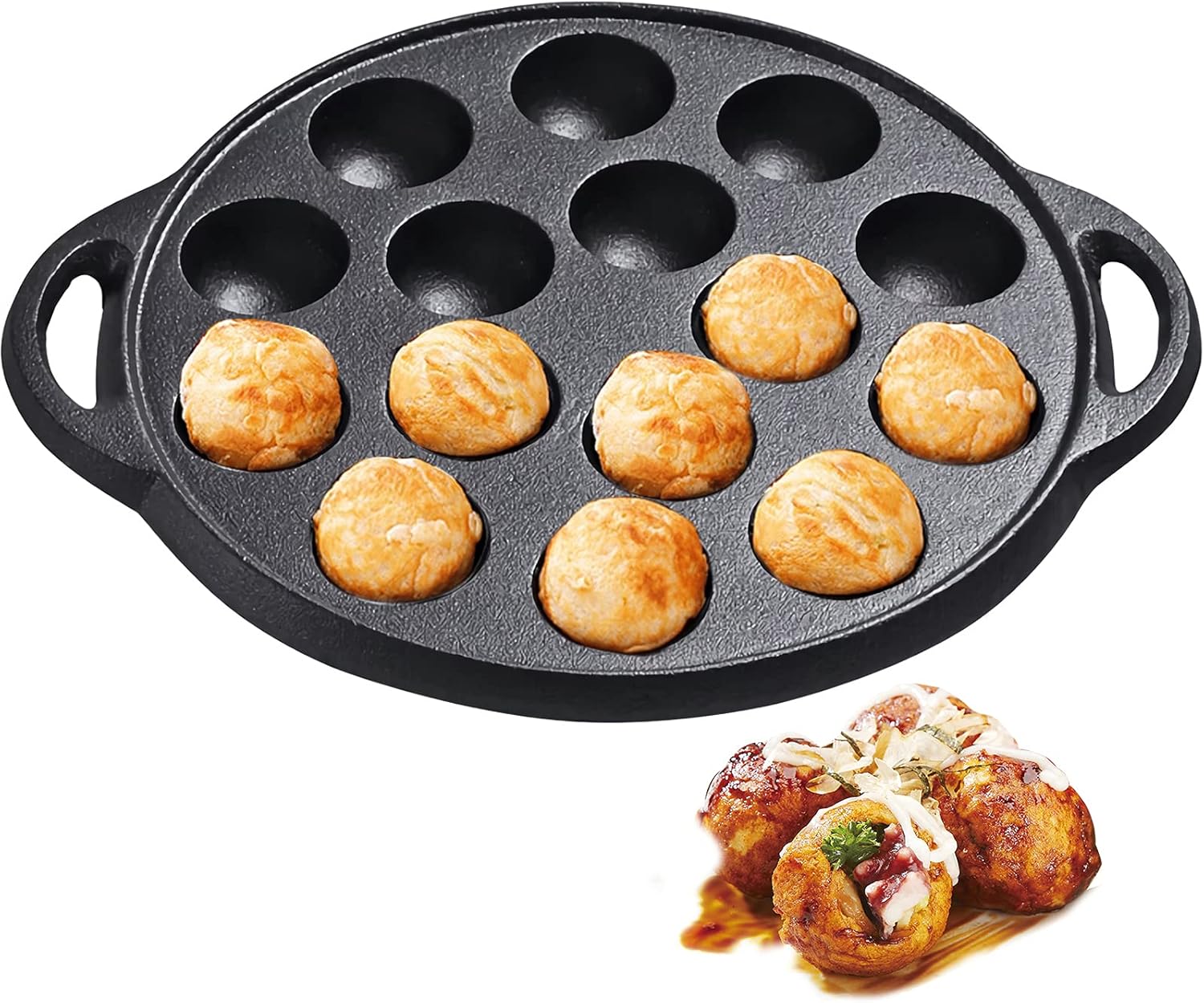 WUWEOT Non-Stick Aebleskiver Pan, Pre-Seasoned Cast Iron Pancake Octopus Ball Grill, 1.5" diameter, 6.6lb