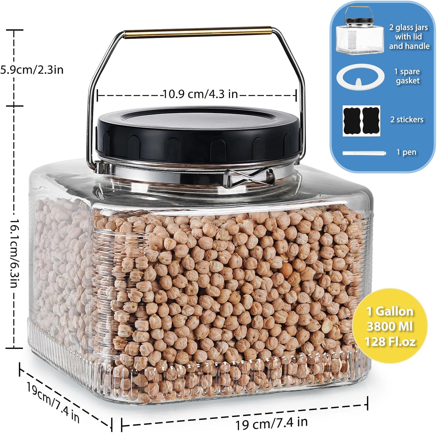 2 Pack 1 Gallon Glass Jar with Screw Lids and Stainless Steel Handle S424191