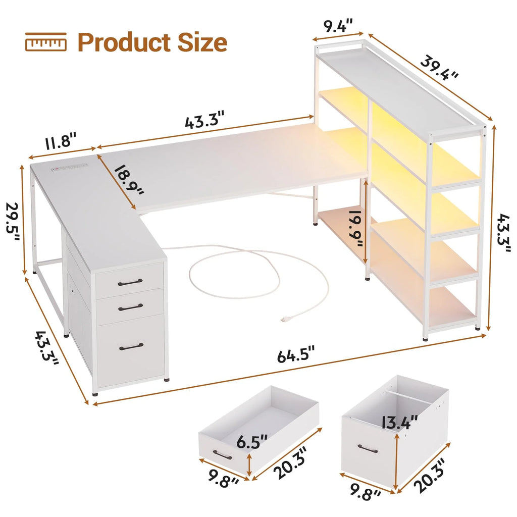 Afuhokles L Shaped Computer Desk with Power Outlet and Storage Shelves, White T9423