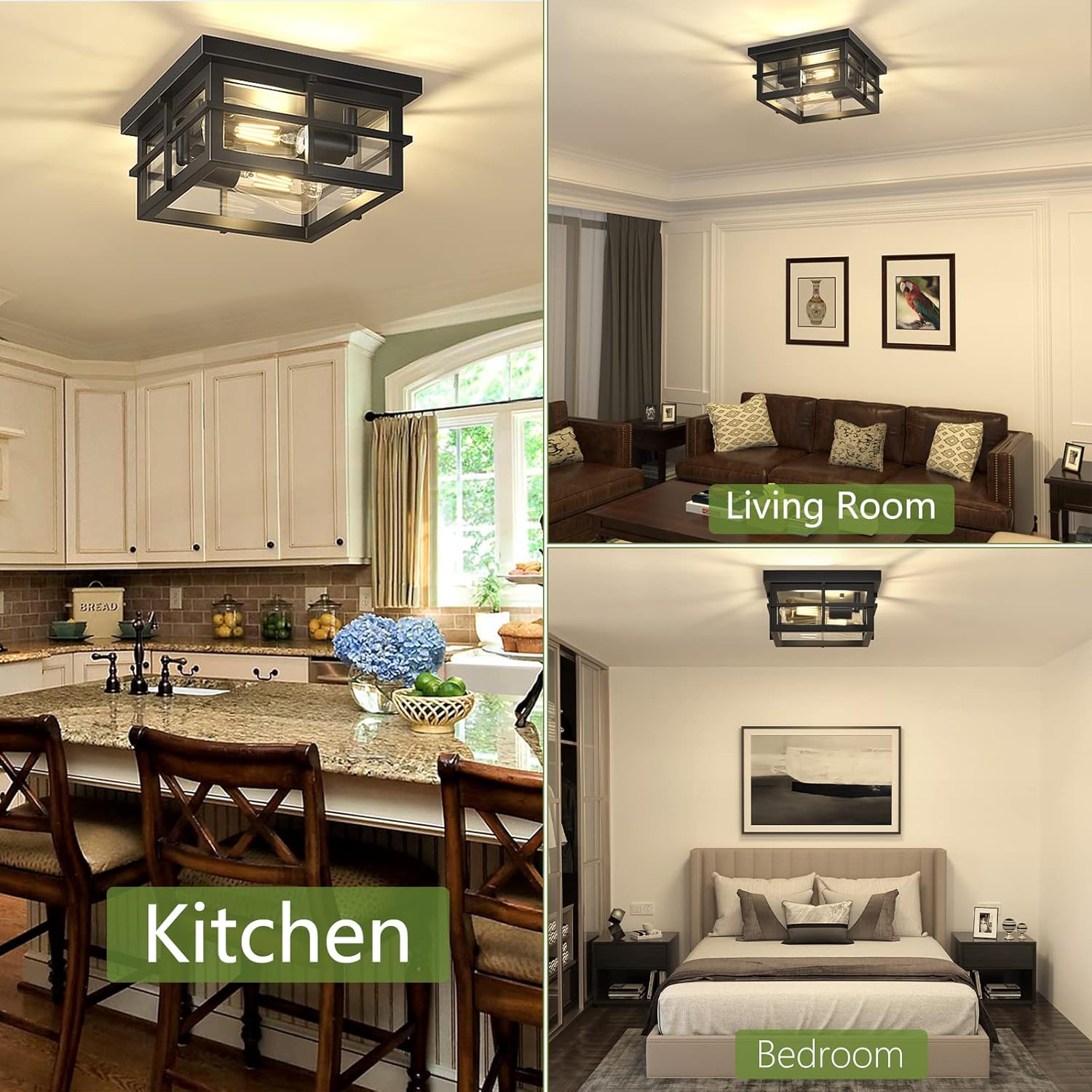 Modern Outdoor Ceiling Light 2-Light Black Flush Mount Clear Glass Shade a7