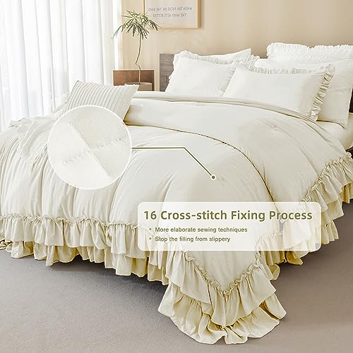 QSH Ruffled Comforter Set Queen 3pcs Taupe Boho Chic Bedding E17512