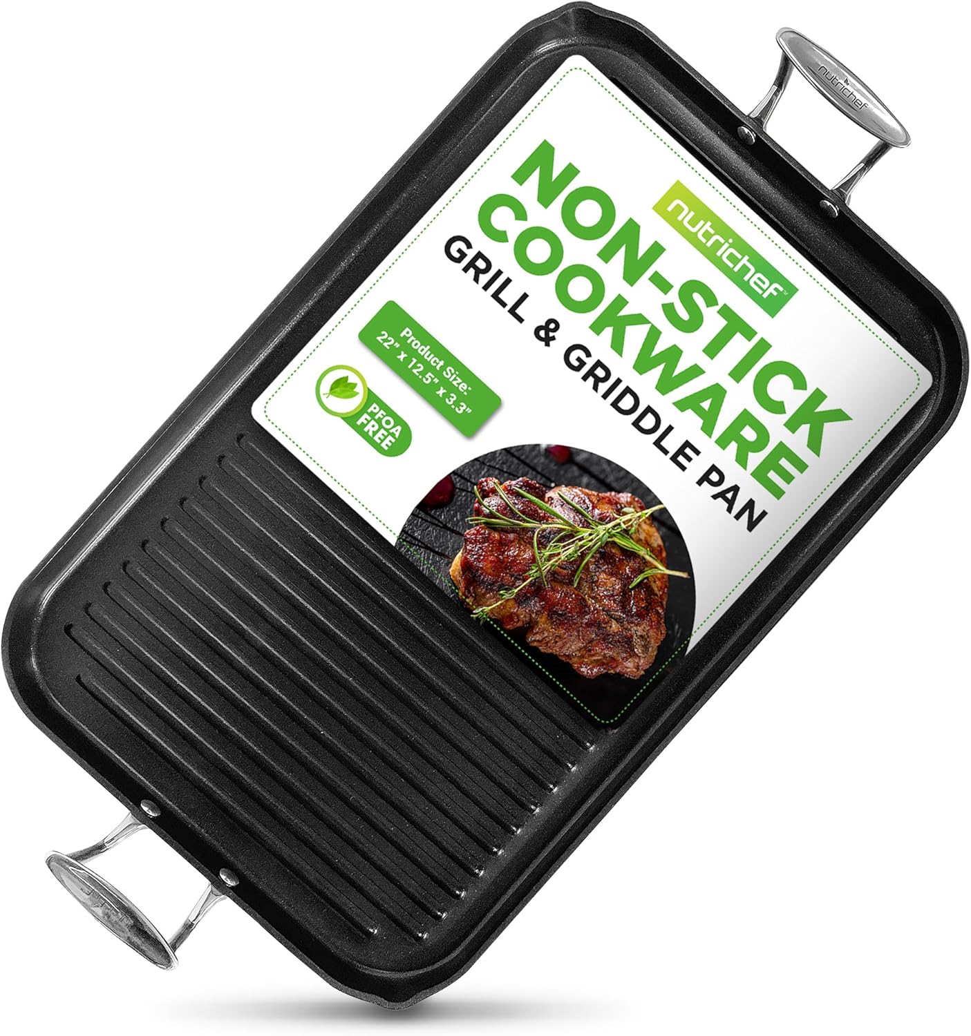 NutriChef 20"x13" Stove Top Grill Pan - Double Burner, Hard-Anodized Non stick Grill & Griddle Pan