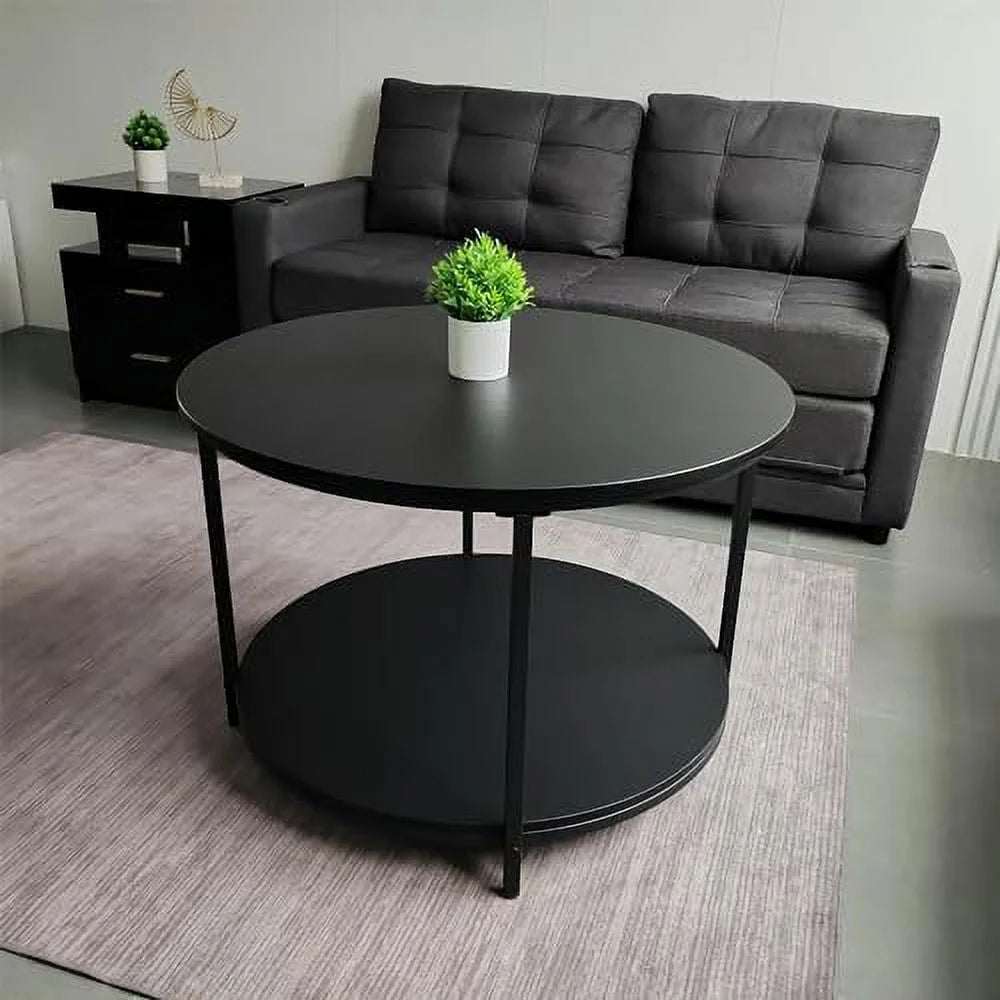 Mid Century Modern Round Coffee Table with Open Shelf, Rustic Wood and Metal Legs N5551