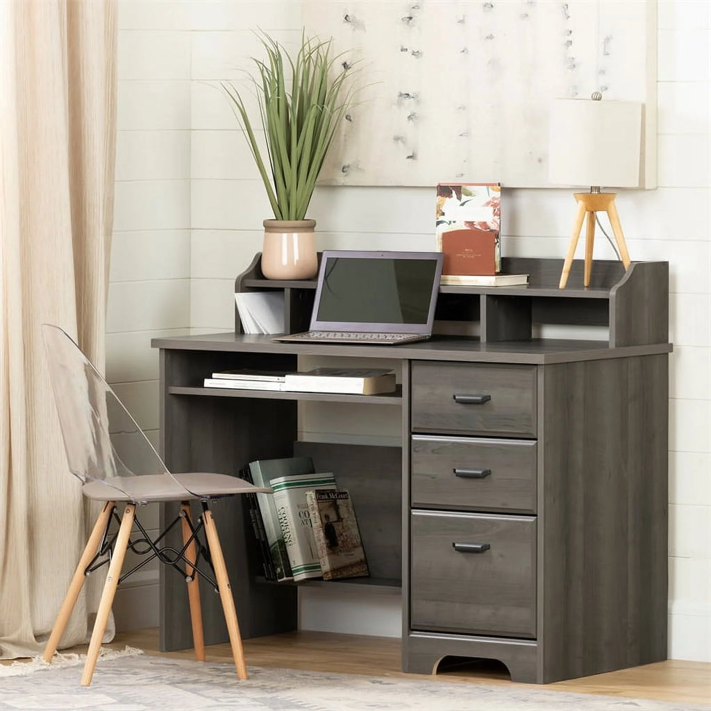 South Shore Versa Desk with Hutch and File Cabinet, Gray Maple Y3468