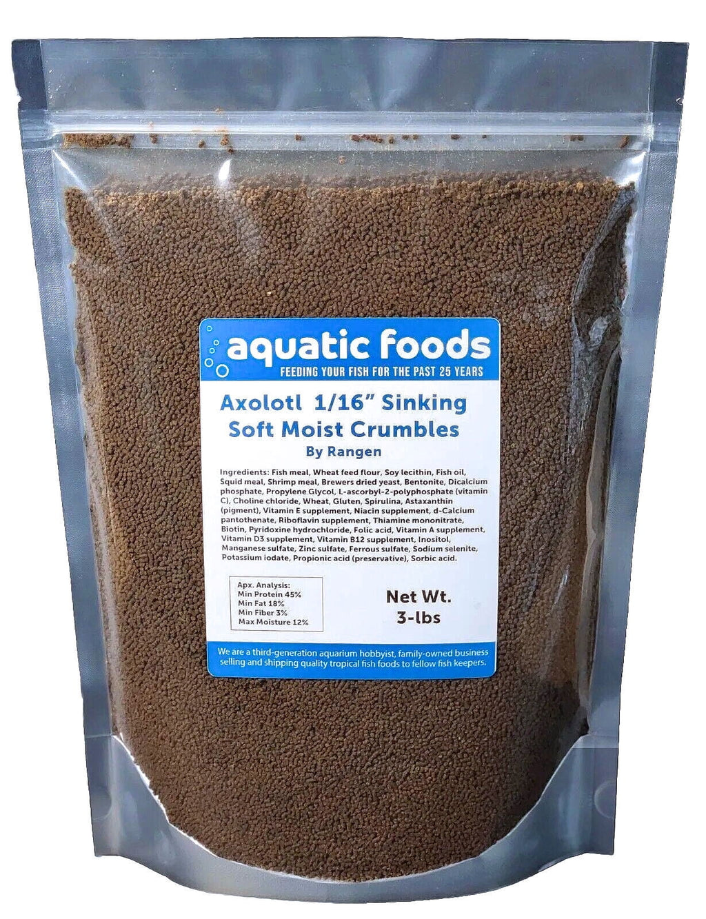 Axolotl Food, 1/16" Soft Moist Sinking Crumbles, Rangen's Salmon Sinking Crumbles for Baby Axolotl. Also Shrimp, Snails, Crabs, Crayfish, Plecos, Catfish, All Tropical Fish...3-lb Bag