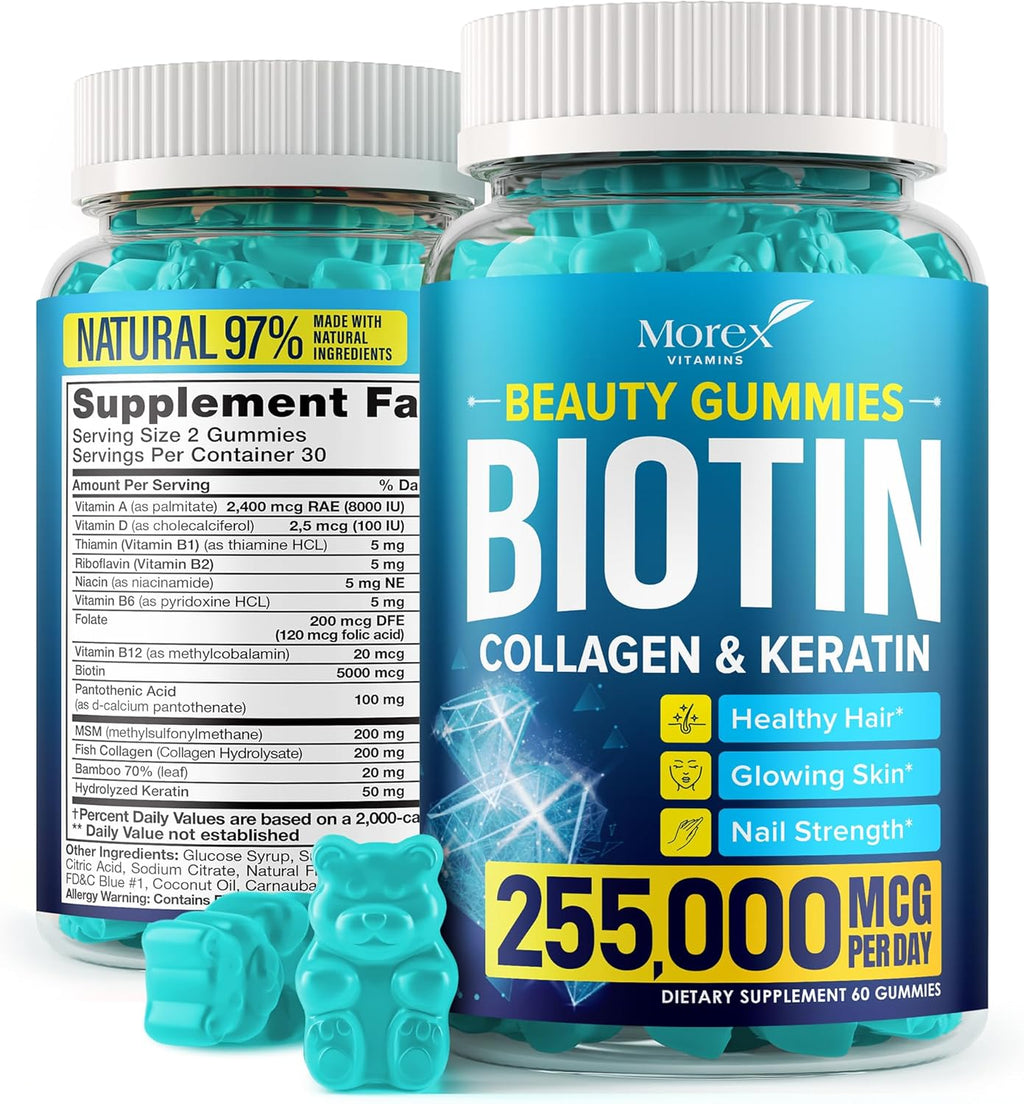 Hair Vitamins Natural Gummies - Biotin Multivitamin for Hair, Skin & Nails with Collagen & Keratin - Anti Aging Collagen Gummy Vitamins for Men & Women - Hair & Nail Growth Gummies - 60psc