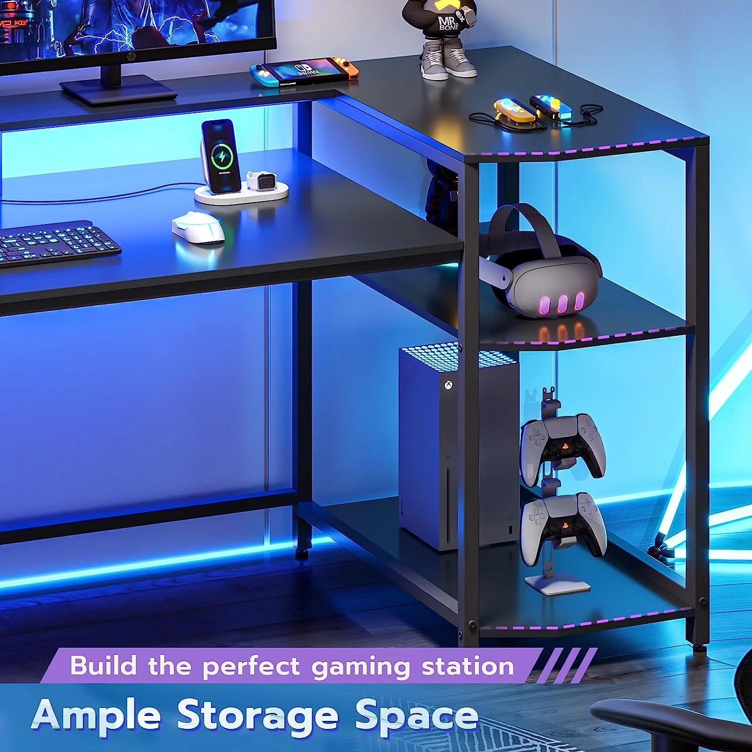 70.8'' Computer Desk with LED Lights and Storage Shelves, Black J414040