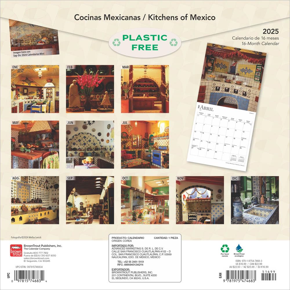 Mexican Kitchens 2025 12 x 24 Inch Square Wall Calendar | English/Spanish Bilingual | Plastic-Free | BrownTrout R88464