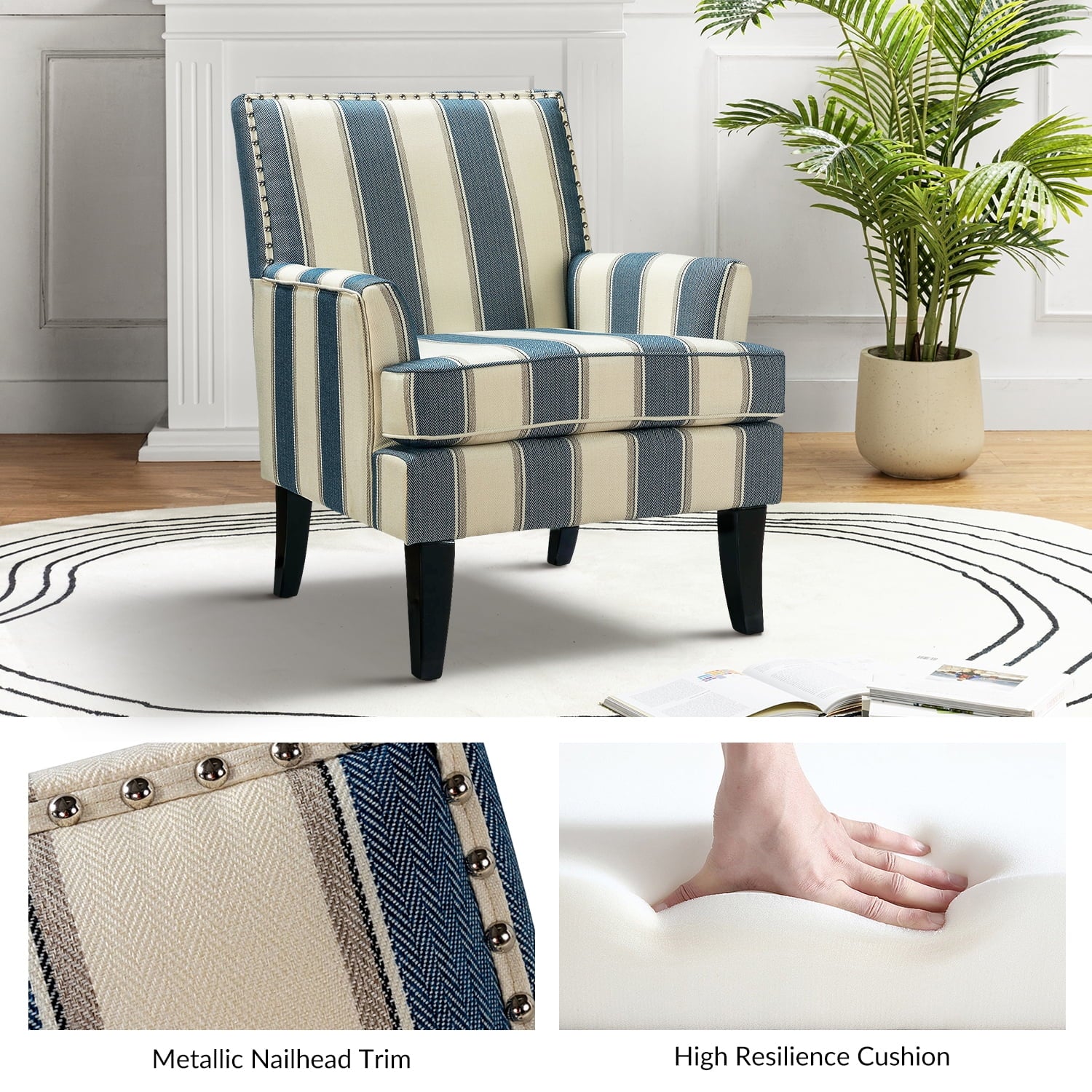 Navy Upholstered Accent Armchair with Wood Legs k7