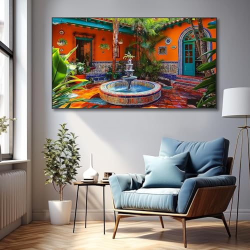 Colorful Mexican Village Canvas Wall Art Gold Frame 36x20 in a7