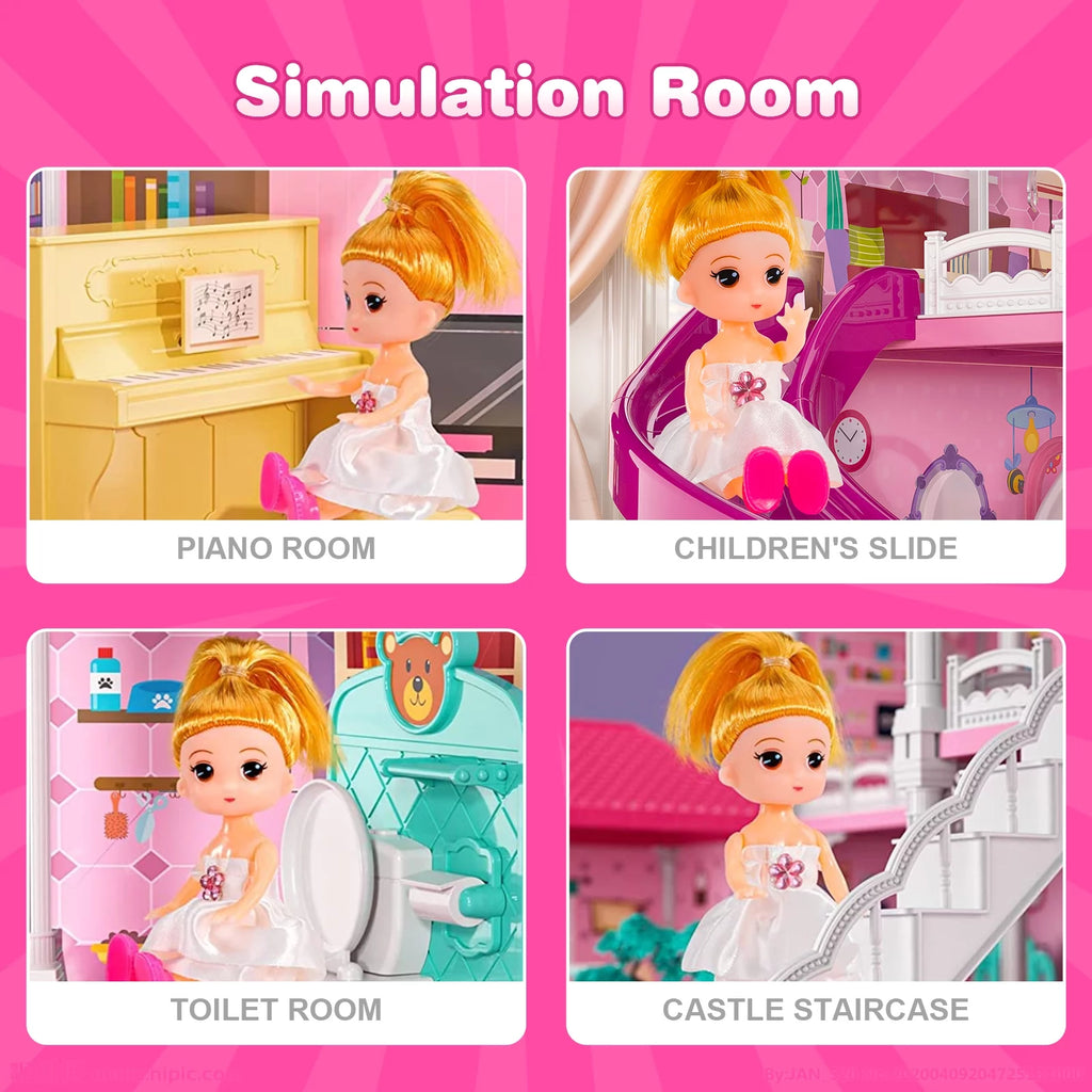 Beefunni 4-Story 12-Room Dollhouse with 2 Princesses and Slide Accessories X74843