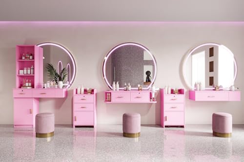 Modern Wood Computer Desk with Drawers and Mirror (Pink) J164932