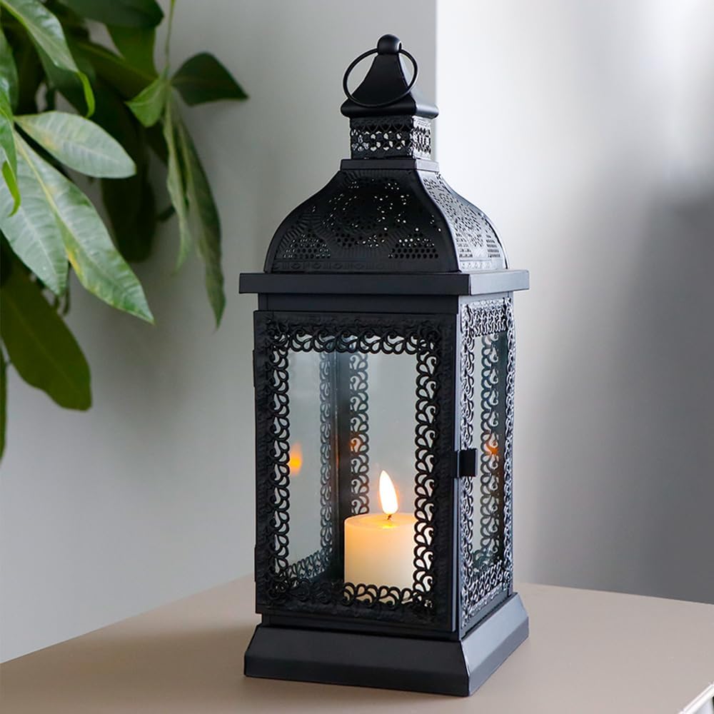 Rustic Metal Candle Lantern 13in Outdoor Decor Black a7