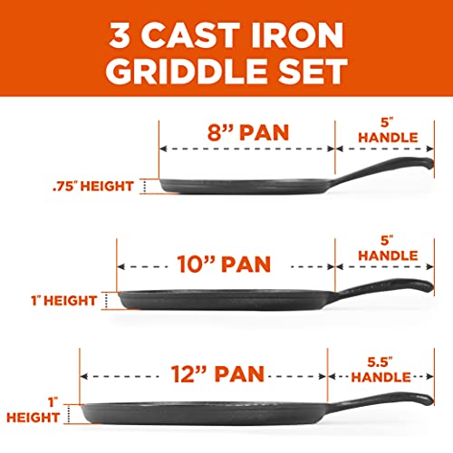 Commercial Chef Cast Iron Griddle Pan 3-Piece Set - 8, 10, 12 Inch J263780