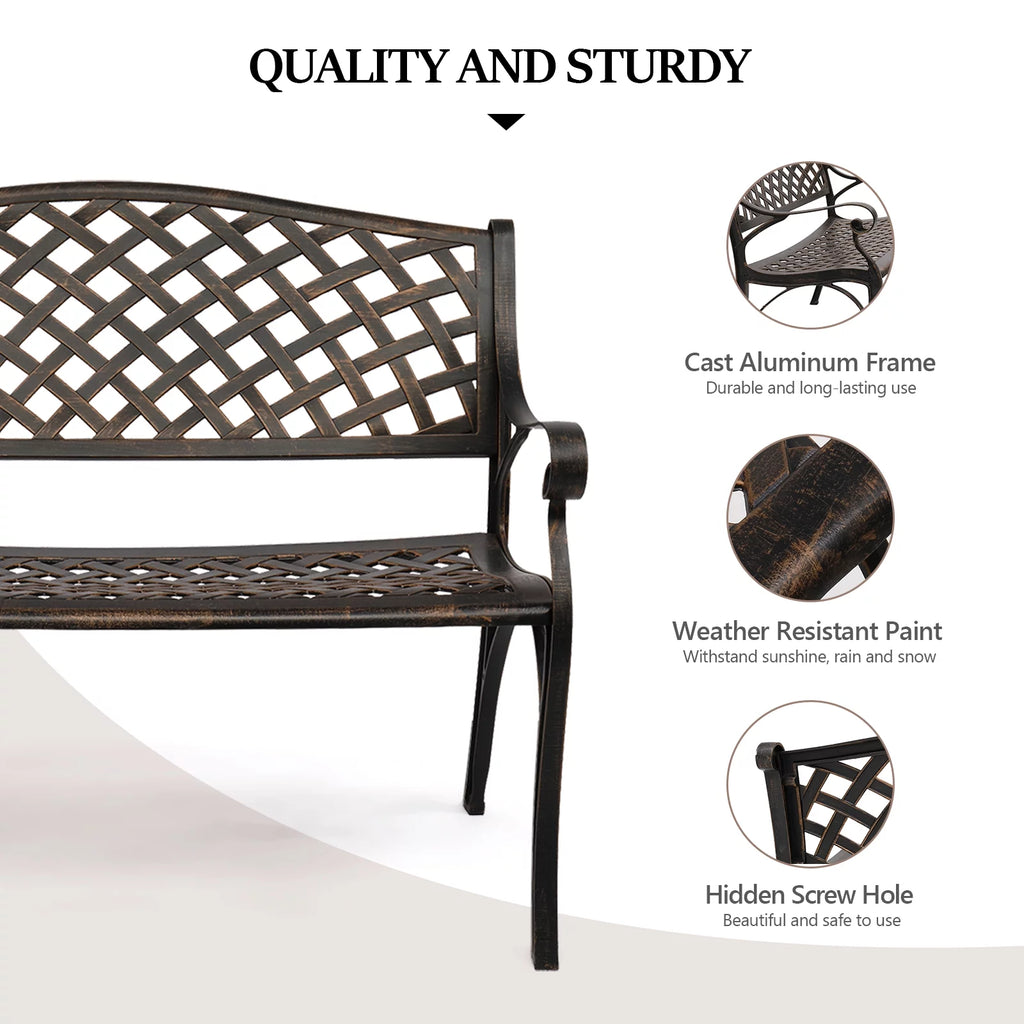 VINGLI 40.5" Patio Garden Bench, Cast Iron & Aluminum Frame, Bronze Z691