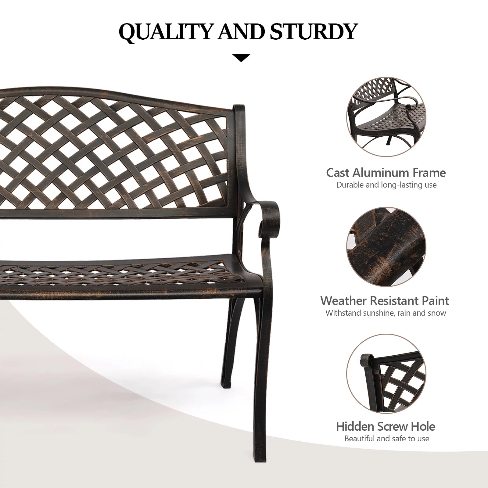 VINGLI 40.5" Patio Garden Bench, Cast Iron & Aluminum Frame, Bronze Z691
