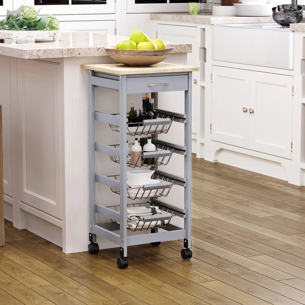 HOMCOM Compact Kitchen Cart with Storage, Solid Wood Frame, Gray G5475