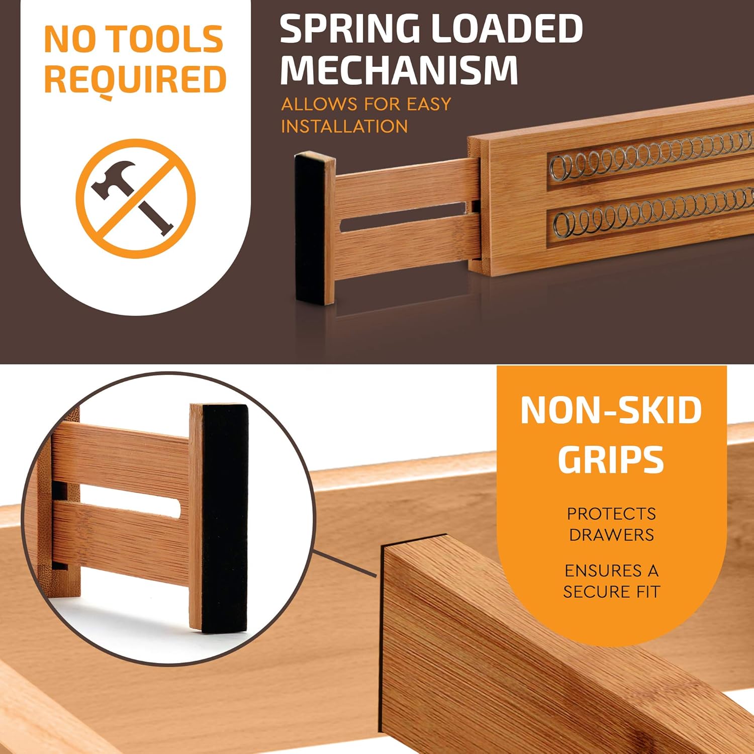 Adjustable Bamboo Drawer Divider Organizers for Large Drawers, 2-Pack, Natural M741