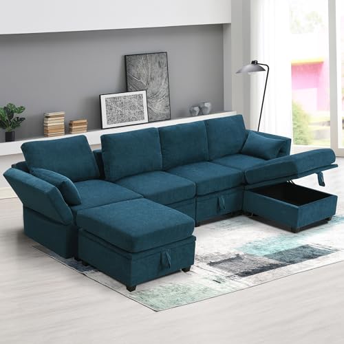 Harper & Bright Designs 109” Sectional Sofa, 6-seat Chenille Modern U-Shaped Reversible Sofa Couch Sets with Storage Seats, Adjustable Armrests and Backrests for Living Room, Apartment, Office (Grey)