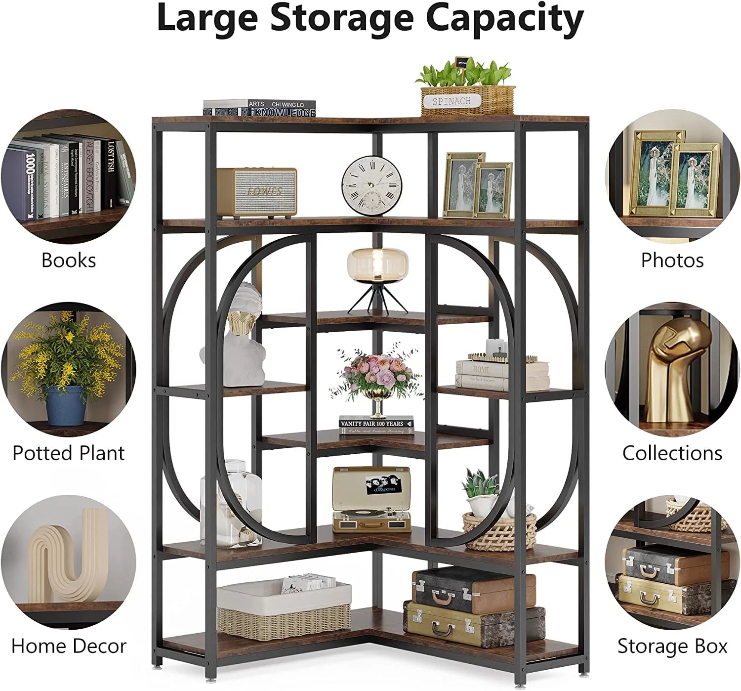 Tribesigns L Shaped Corner Bookshelf, 7 Shelf Bookcase, Rustic Brown & Black T1191