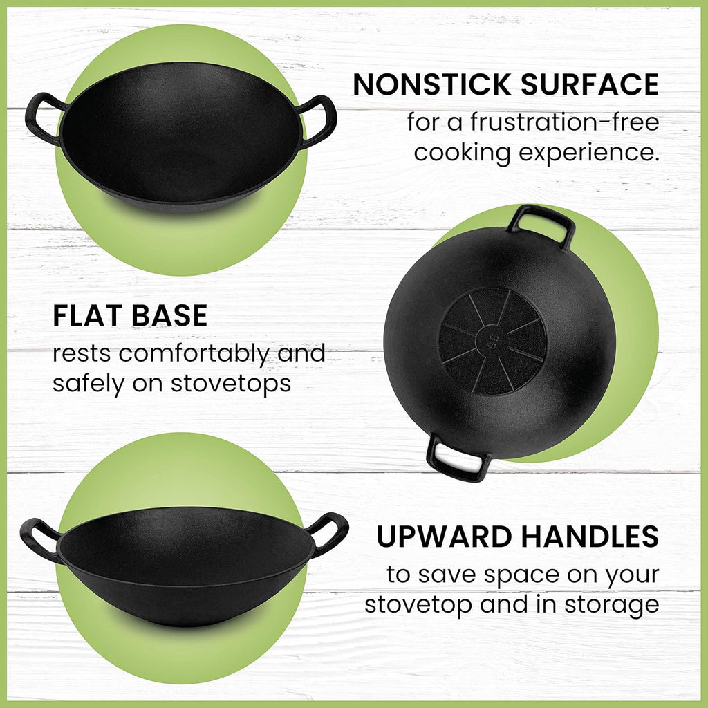Homeries Pre-Seasoned Cast Iron Wok with Wooden Lid 14 Inch Nonstick Frying Pan U3408
