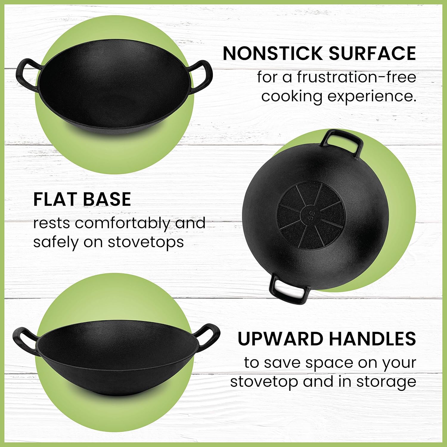 Homeries Pre-Seasoned Cast Iron Wok with Wooden Lid 14 Inch Nonstick Frying Pan U3408