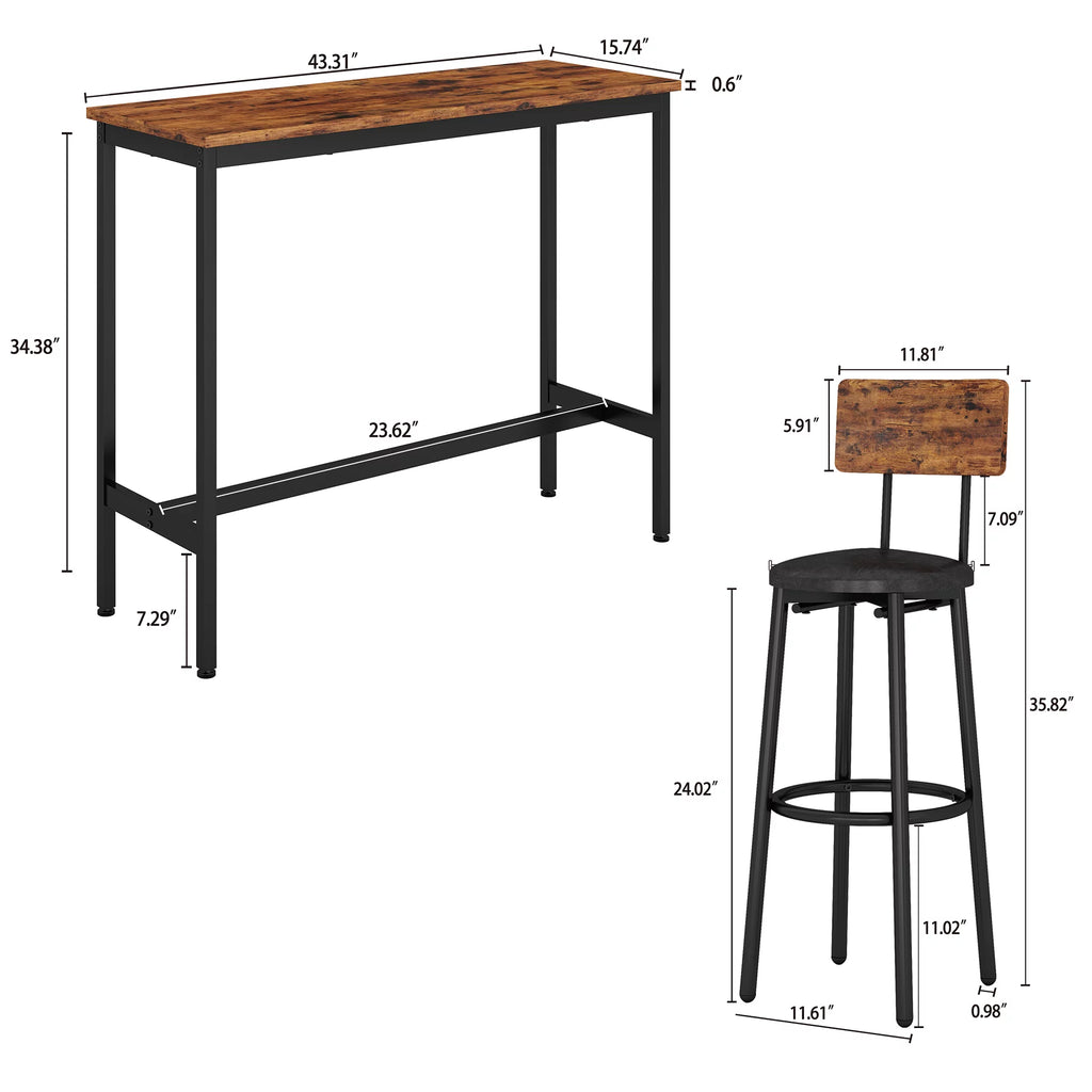 uhomepro 3 Piece Bar Table Set with 2 Stools, Rustic Brown B7151