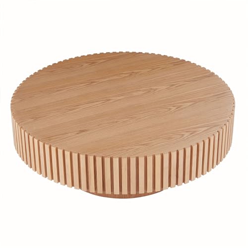 Walnut Wood Round Drum Coffee Table with Vertical Texture Z1778