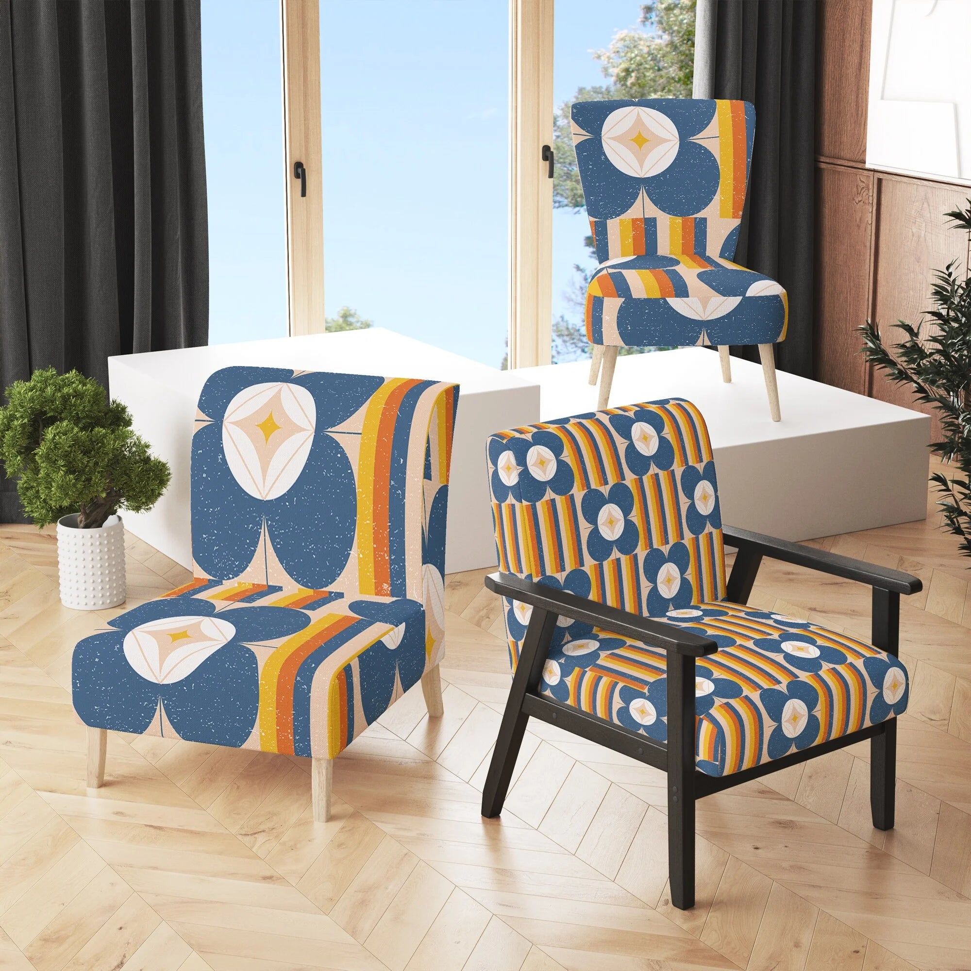 Retro Floral Pattern Upholstered Mid-Century Accent Chair M22605