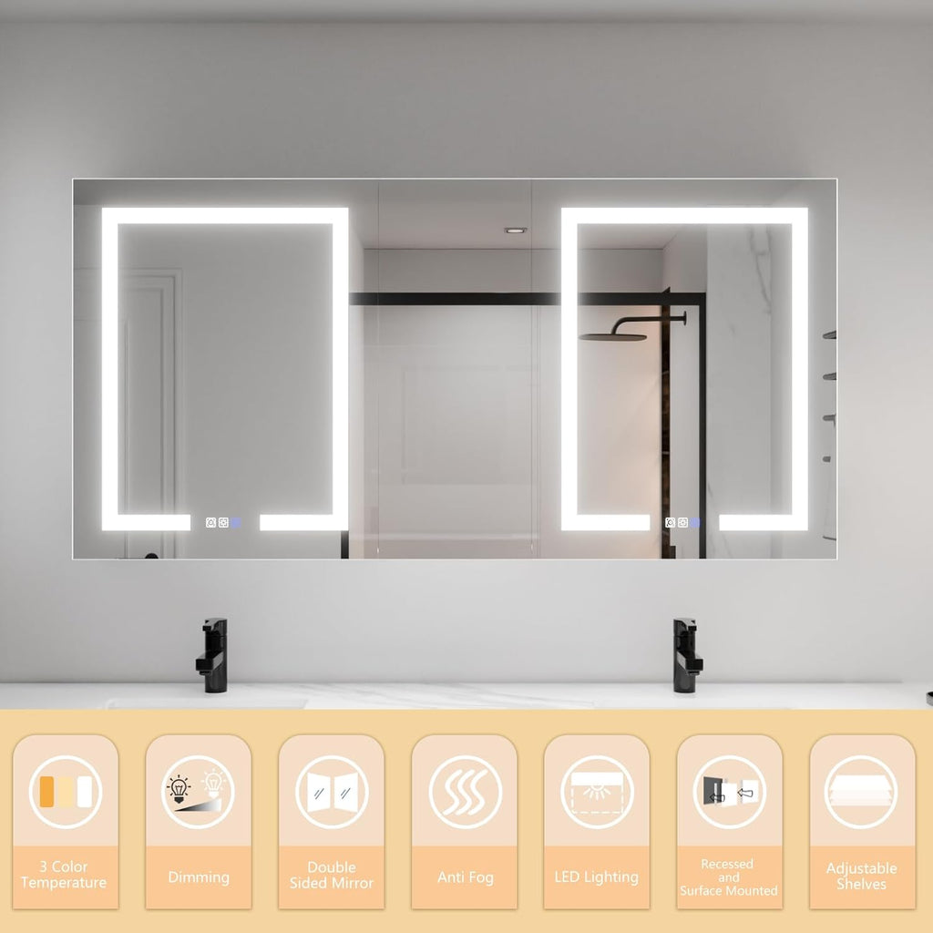 LED Lighted Bathroom Medicine Cabinet with Mirror, 60 x 30 Inch, Defog, Dimming k7p