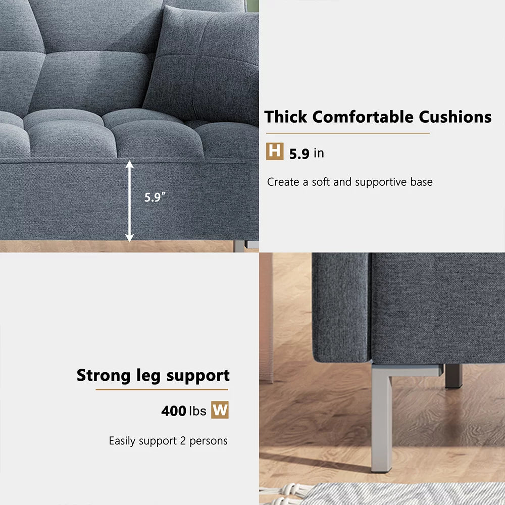 Gray Futon Sofa Bed with 2 Pillows and Metal Legs J375995
