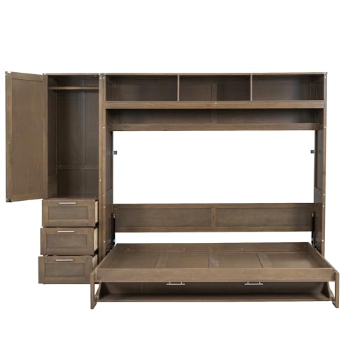 Modern Full Size Murphy Bed with Wardrobe and Storage Drawers, Solid Wood, Antique Grey N211