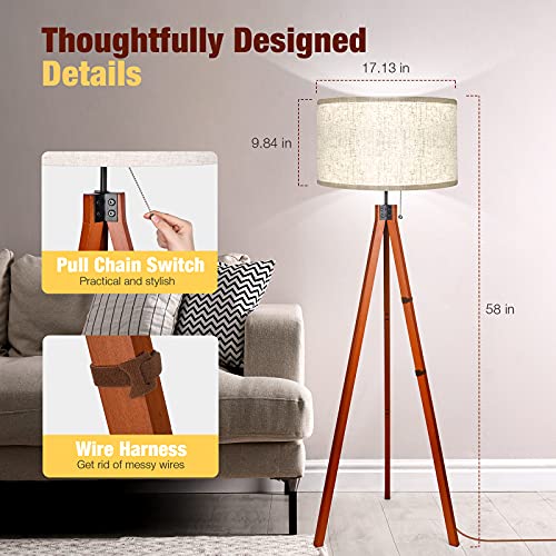 Wood Tripod Floor Lamp, 3 Color Temperatures, Flaxen Shade, E26 Base k7m