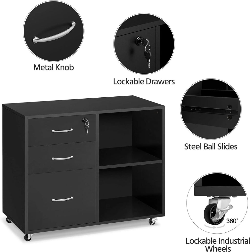 Black File Cabinet with Lock, 3 Drawer Lateral for Home Office O4008