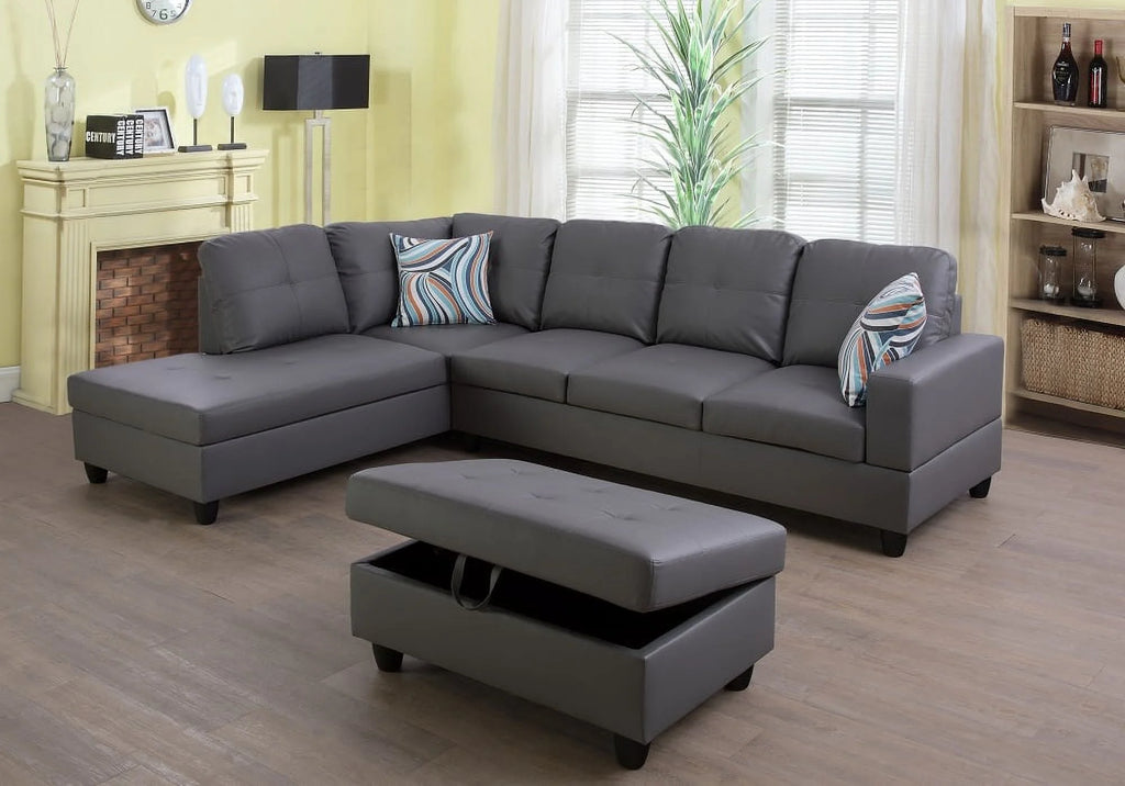 PonLiving Furniture 103.50" Wide Dark Grey Faux Leather Sectional with Ottoman Left Hand Facing PonLiving 103.50" Wide Dark Grey Faux Leather Sectional with Ottoman Left Hand Facing