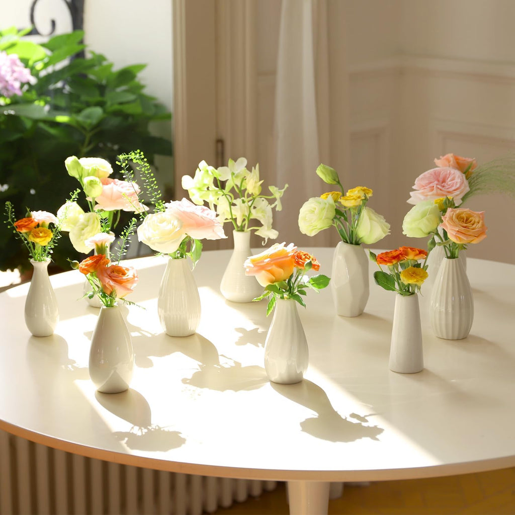Mini Ceramic Vase Set of 10 - 4 inch White Bud Vases for Home Decor F307