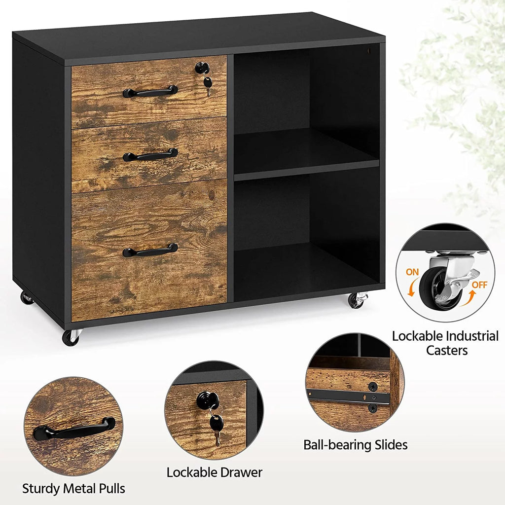 Black File Cabinet with Lock, 3 Drawer Lateral for Home Office O4008