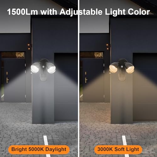 15W 1500 Lumen LED Security Light with Motion Sensor, IP65 Waterproof, Dual-Head, Black D1993