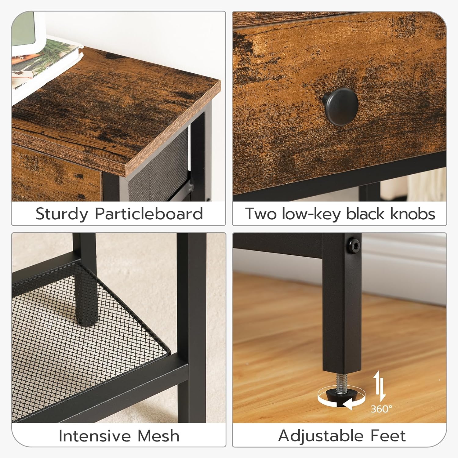 HOOBRO Narrow Console Table with 2 Fabric Drawers and Charging Station, Rustic Brown and Black H1095