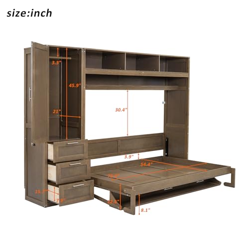 Modern Full Size Murphy Bed with Wardrobe and Storage Drawers, Solid Wood, Antique Grey N211
