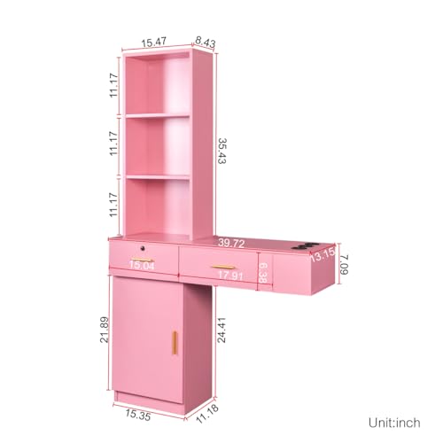 Modern Wood Computer Desk with Drawers and Mirror (Pink) J164932