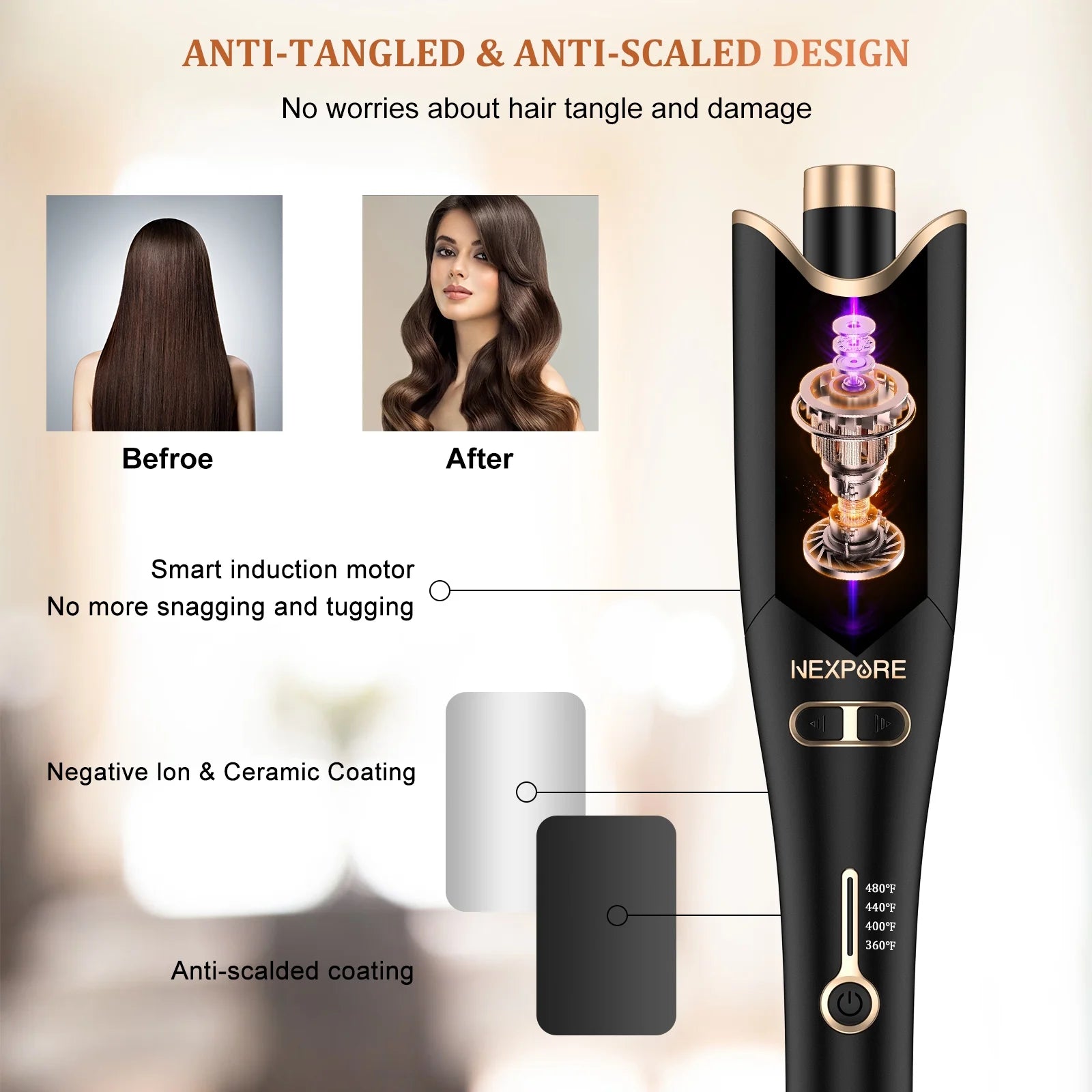 Curling Iron with Rotating Barrel and 4 Heat Settings a7k