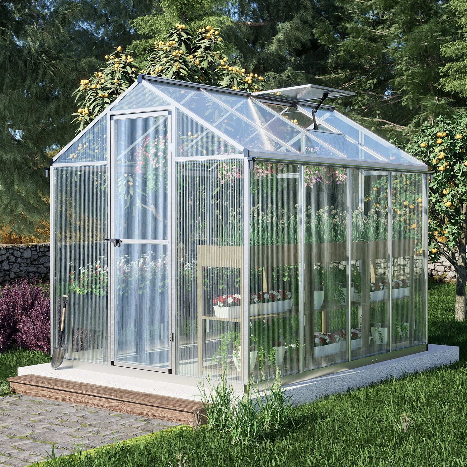 Polycarbonate Greenhouse with Roof Vent and Door Lock 7k