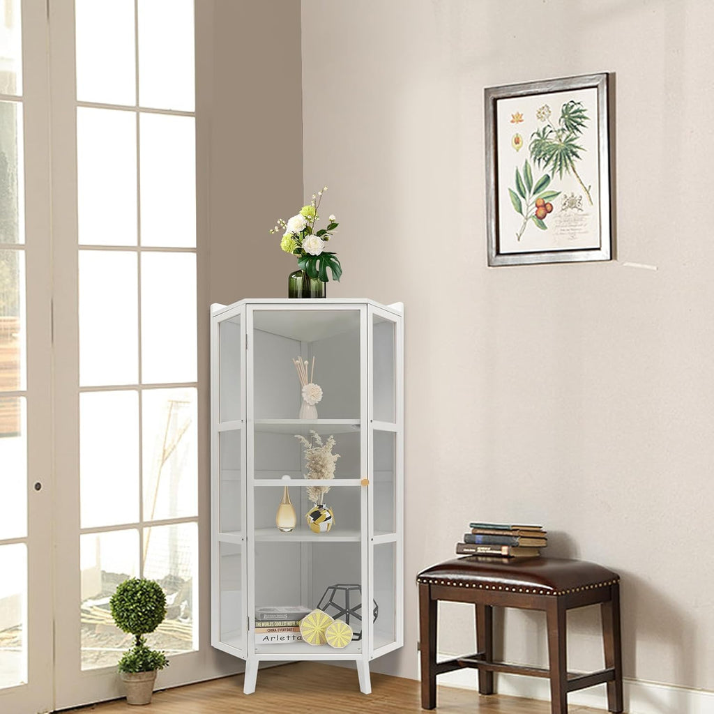 Tall Corner Storage Cabinet with Clear Door, 3-Tier Freestanding Shelves, White I118