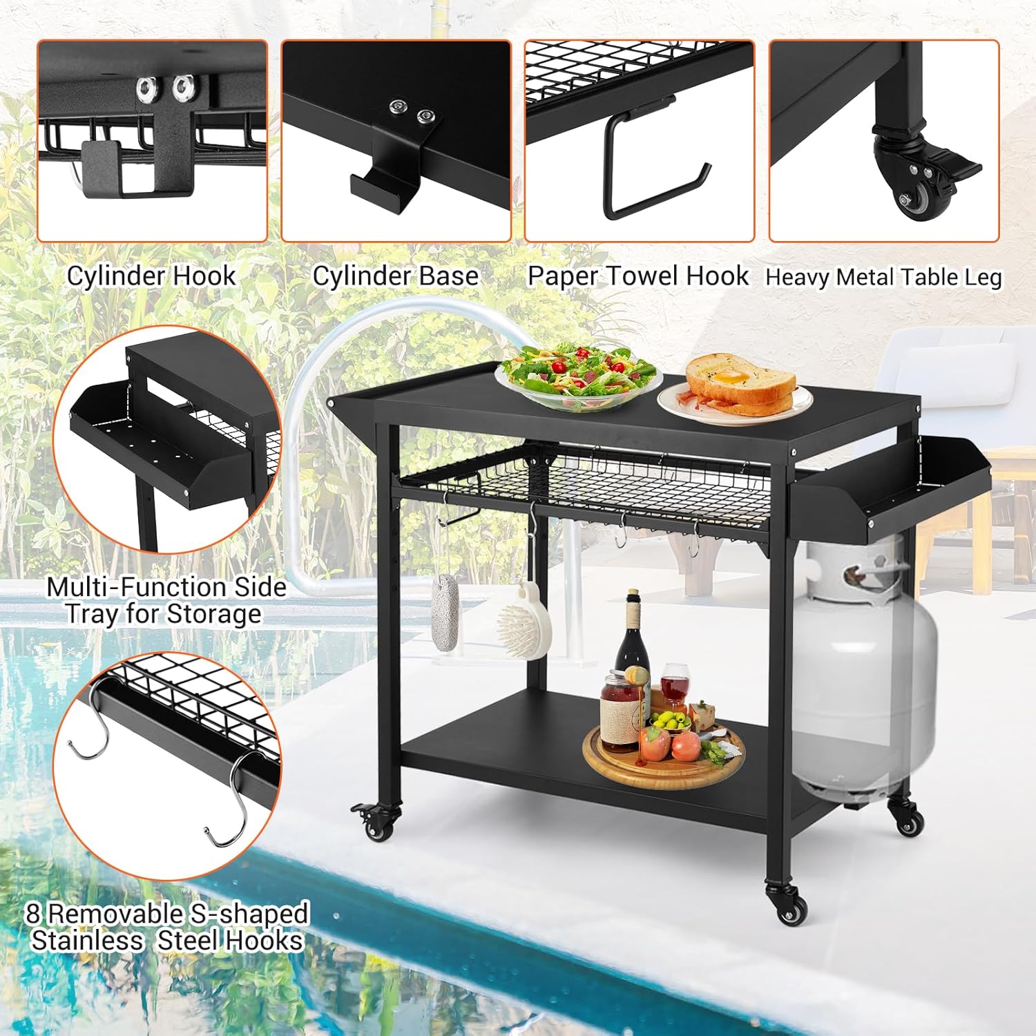 Outdoor Grill Cart with Wheels, Pizza Oven Stand Table, Black W180
