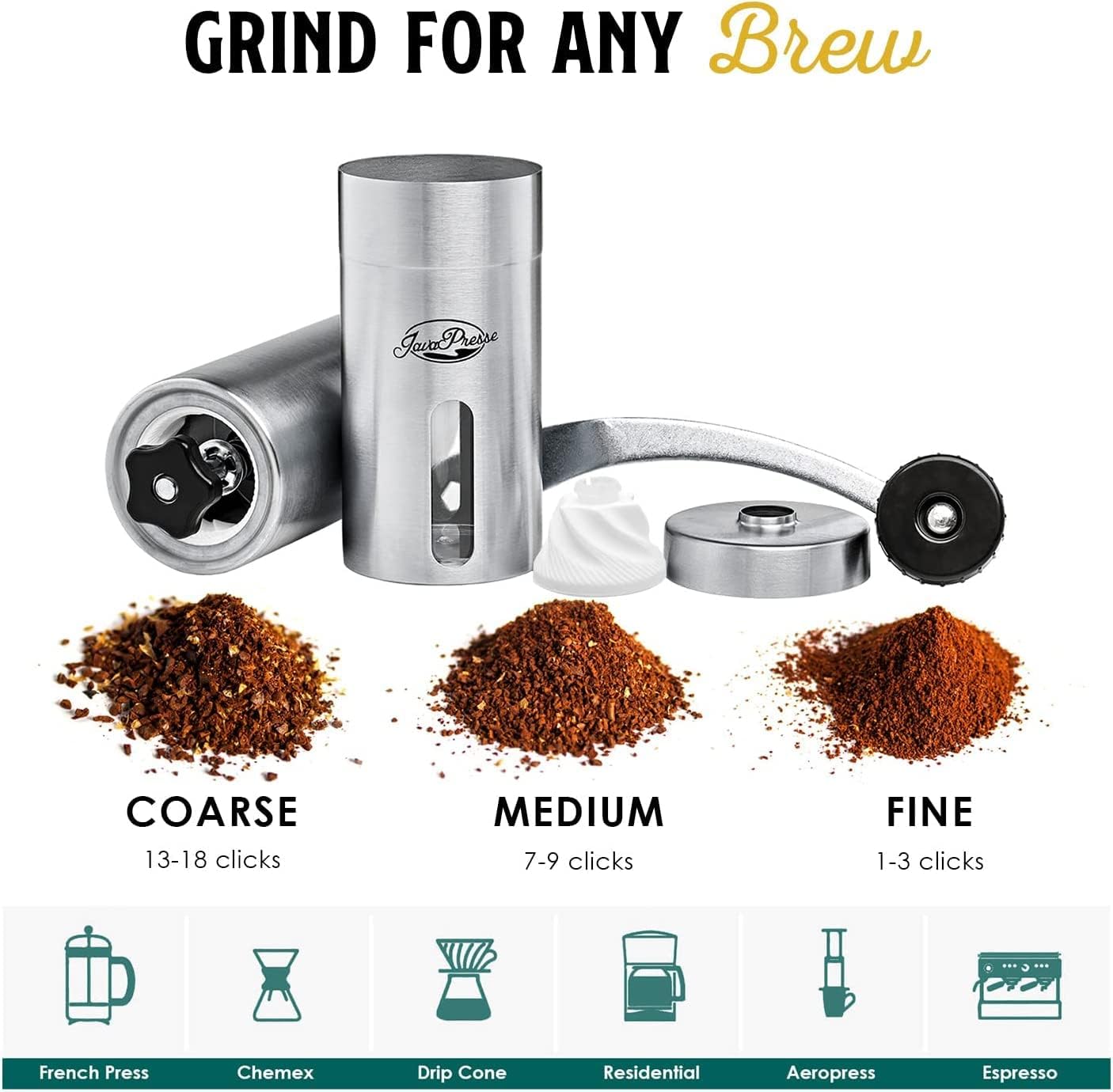 JavaPresse Manual Stainless Steel Coffee Grinder with Conical Burr, 18 Settings F152